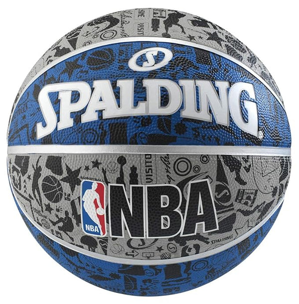 A Spalding Graffiti Rubber Basketball featuring a vibrant graffiti-inspired design in grey, blue, and black tones with the brand logo and NBA branding visible.