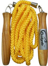 A vibrant yellow jump rope/skipping rope offers comfort with wooden handles/jump ropes near me/ best skipping ropes in India