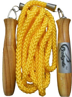 A vibrant yellow jump rope/skipping rope offers comfort with wooden handles/jump ropes near me/ best skipping ropes in India