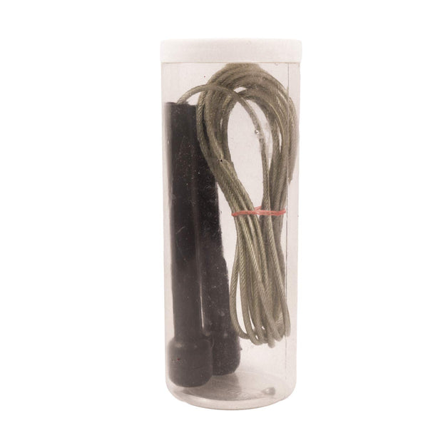 A black and silver Prokyde skipping rope with adjustable length, featuring comfortable handles and a durable rope.